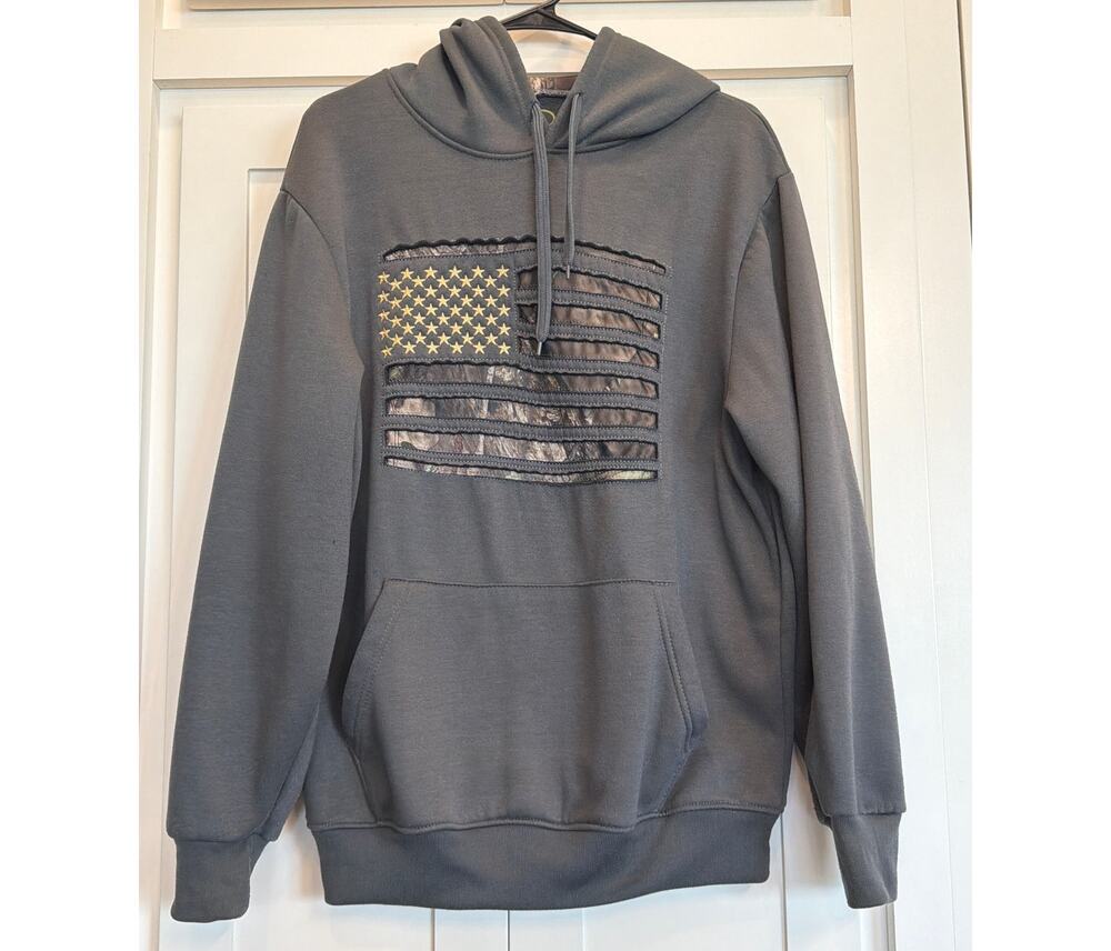 Mossy Oak Gray and Camo American Flag Hoodie MED
